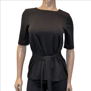 3/$20 Reitmans Tie Waist Blouse Short Sleeve Black Crew Neck Top Size Small